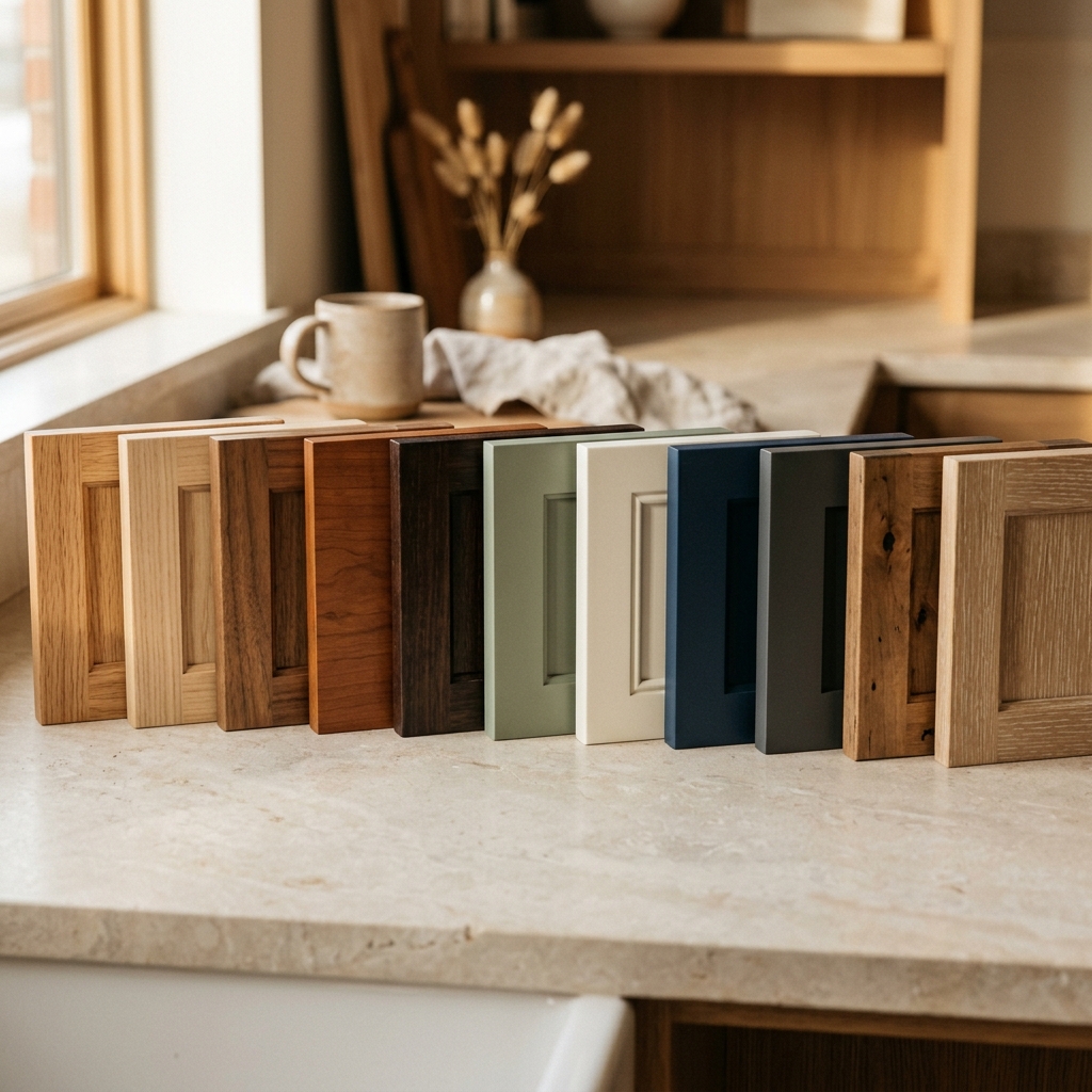 Cabinet door finish samples arranged on a countertop
