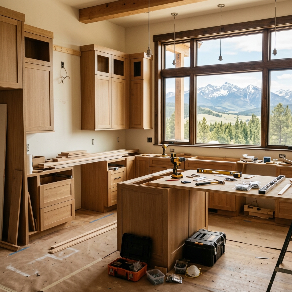 Kitchen mid-renovation with new cabinetry being installed