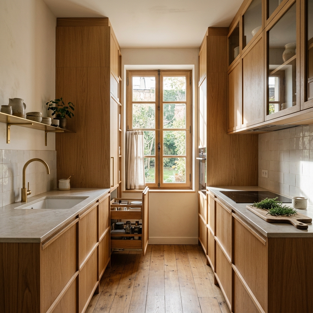 Compact galley kitchen with clever custom cabinetry
