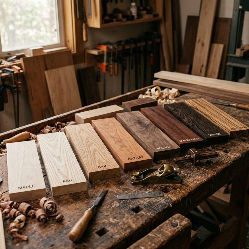 Various wood species samples on a craftsman workbench